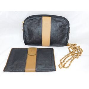 Vintage Fendi Black Canvas Tan Leather Small Crossbody Bag With Wallet